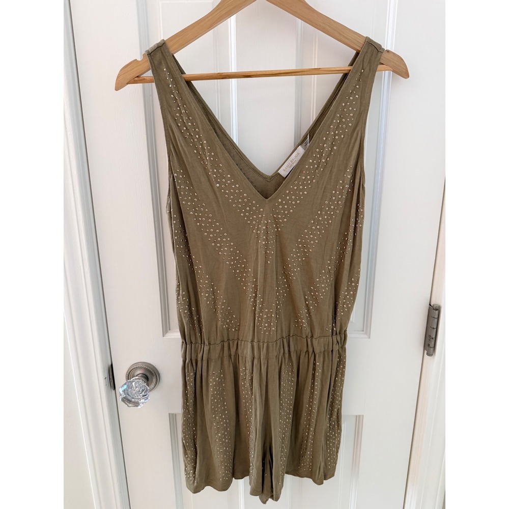 Ramy Brook Olive Green Studded V-Neck Sleeveless Romper XS Rose Gold Studs